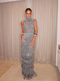 Liora Fringe Knit High-Neck Maxi Dress