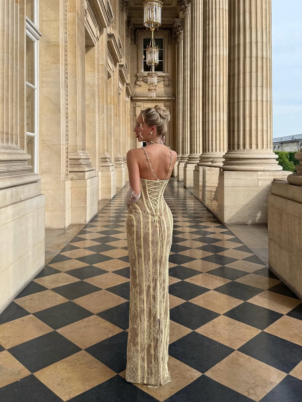 Stella Fitted Sheer Lace Corset Gown In Champagne