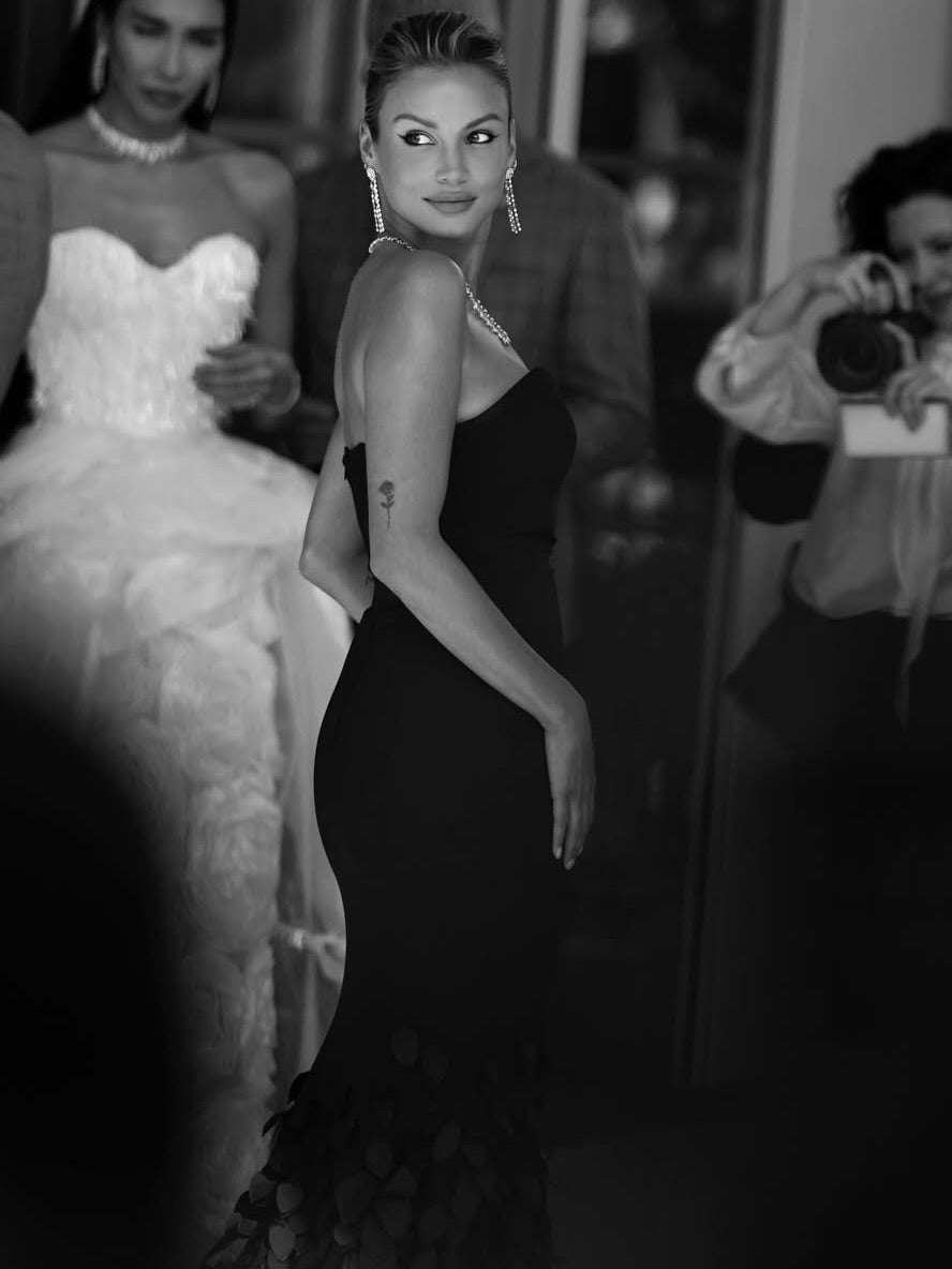 Celestia Deep V Strapless Train Gown