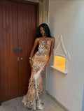 Alessandra Satin Halter Cowl Neck Leopard Maxi Dress