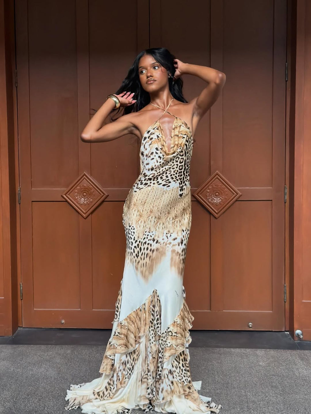 Alessandra Satin Halter Cowl Neck Leopard Maxi Dress