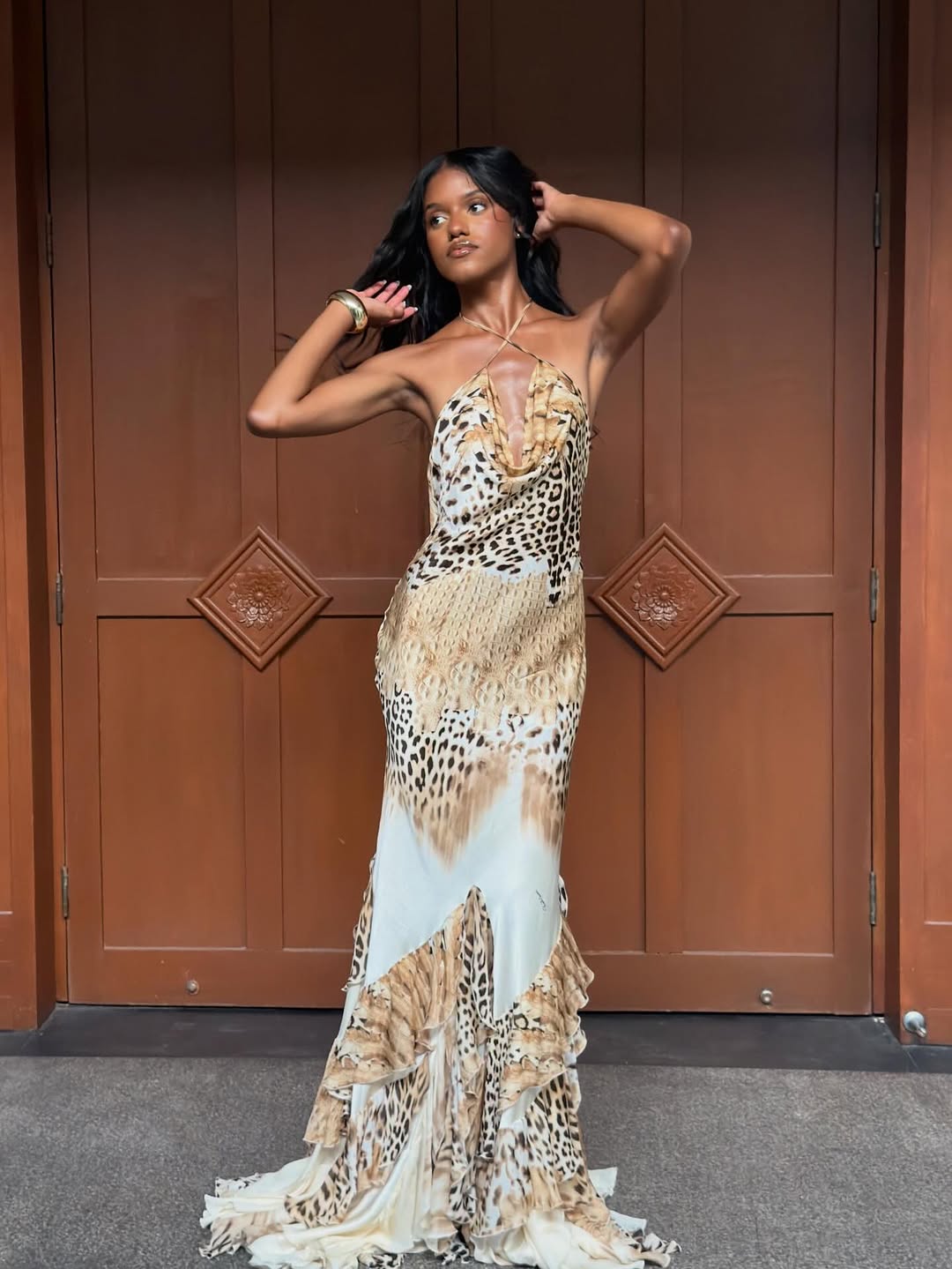 Alessandra Satin Halter Cowl Neck Leopard Maxi Dress
