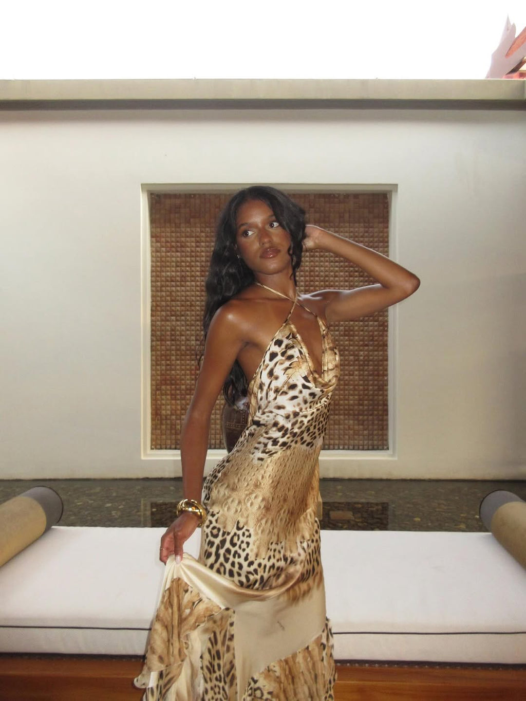 Alessandra Satin Halter Cowl Neck Leopard Maxi Dress
