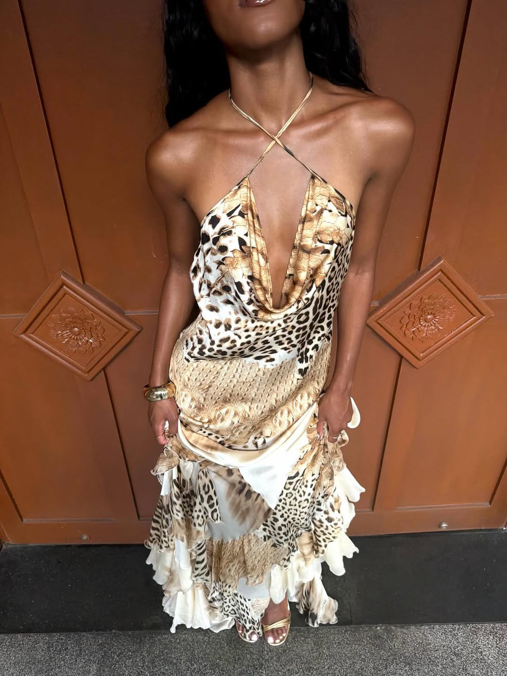 Alessandra Satin Halter Cowl Neck Leopard Maxi Dress
