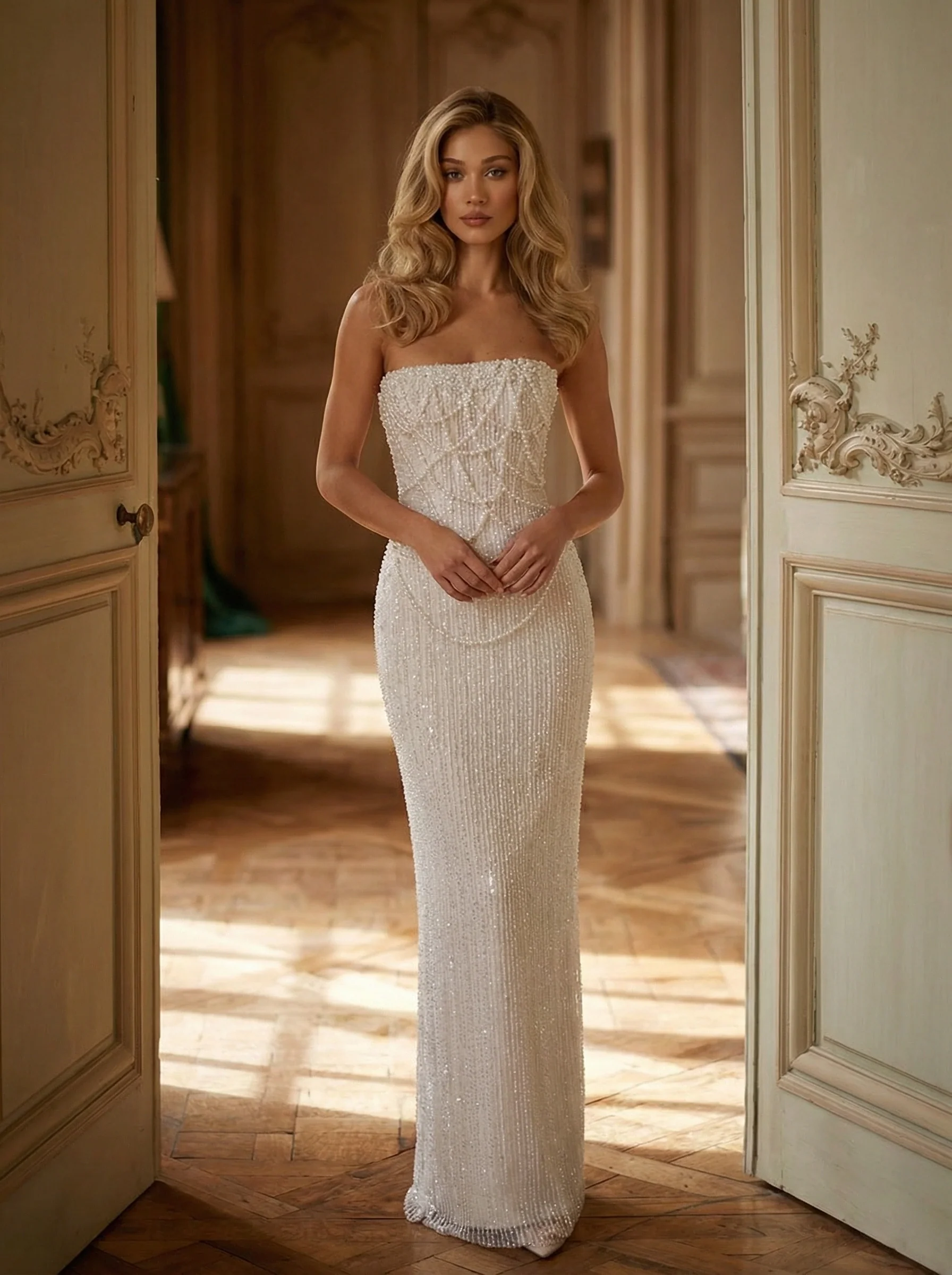 Lily Strapless Beaded Evening Maxi Dress In White