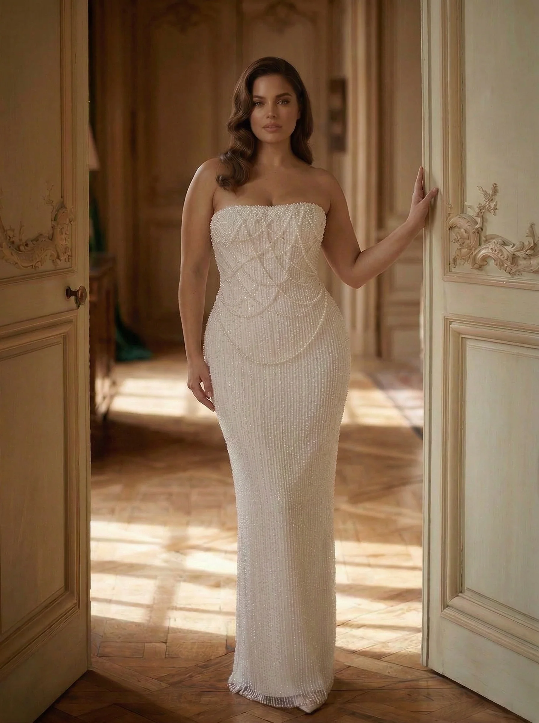 Lily Strapless Beaded Evening Maxi Dress In White