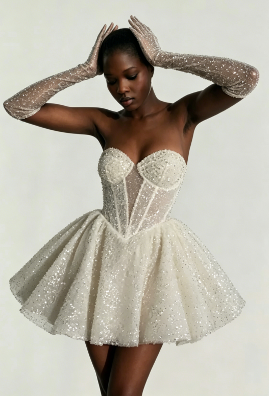 Natalie Strapless Sequined Evening Mini Dress In White
