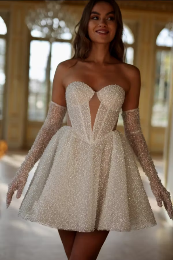 Natalie Strapless Sequined Evening Mini Dress In White