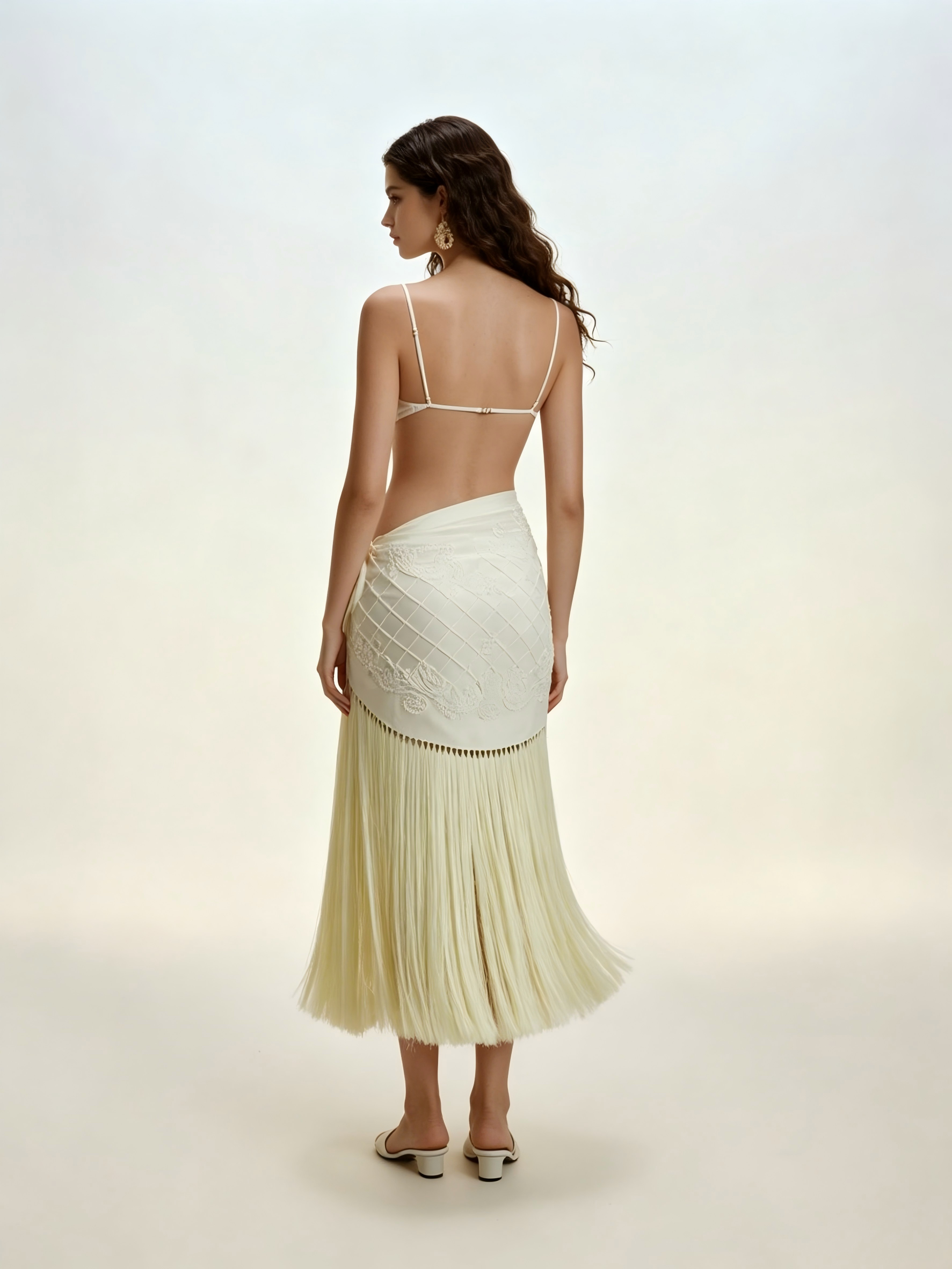 Aria Thin Strap Bralette & Embroidered Fringe Wrap Midi Skirt Set