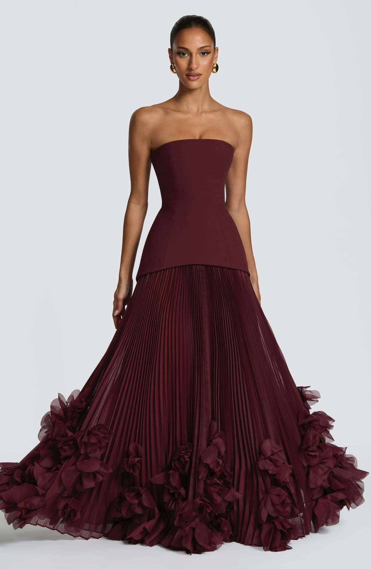 Belinda Strapless Pleated A-Line Maxi Dress In Rad
