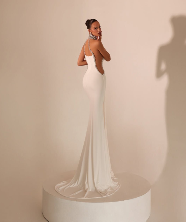 Aurora Rhinestone Plunge Mermaid Gown With Central Crystal Detail In White