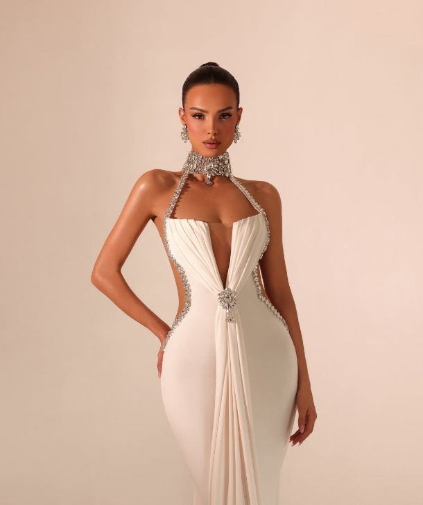 Aurora Rhinestone Plunge Mermaid Gown With Central Crystal Detail In White