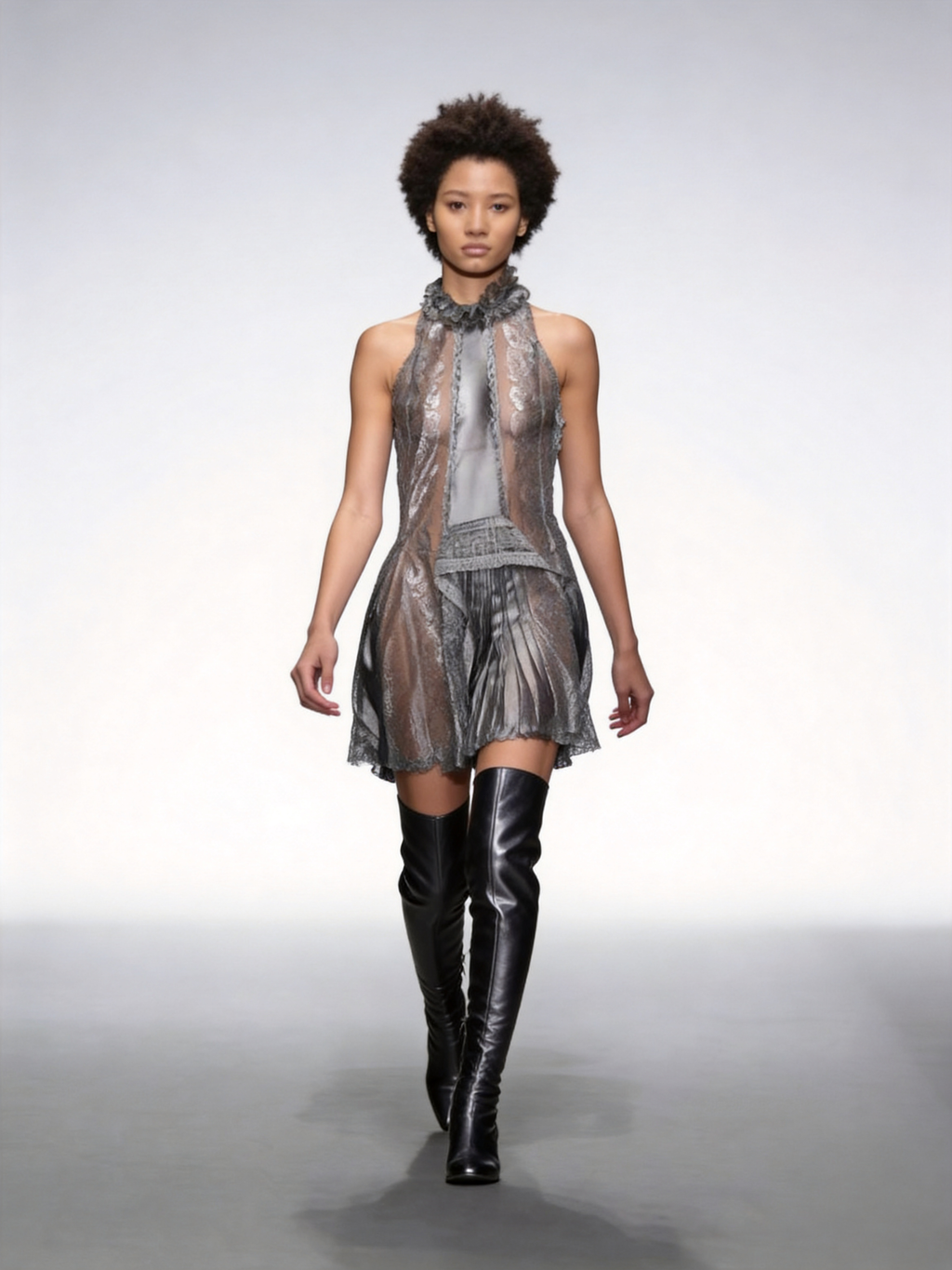 Celestia Pleated Sheer Lace High Neck Sleeveless Mini Dress In Silver Grey