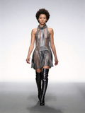 Celestia Pleated Sheer Lace High Neck Sleeveless Mini Dress In Silver Grey