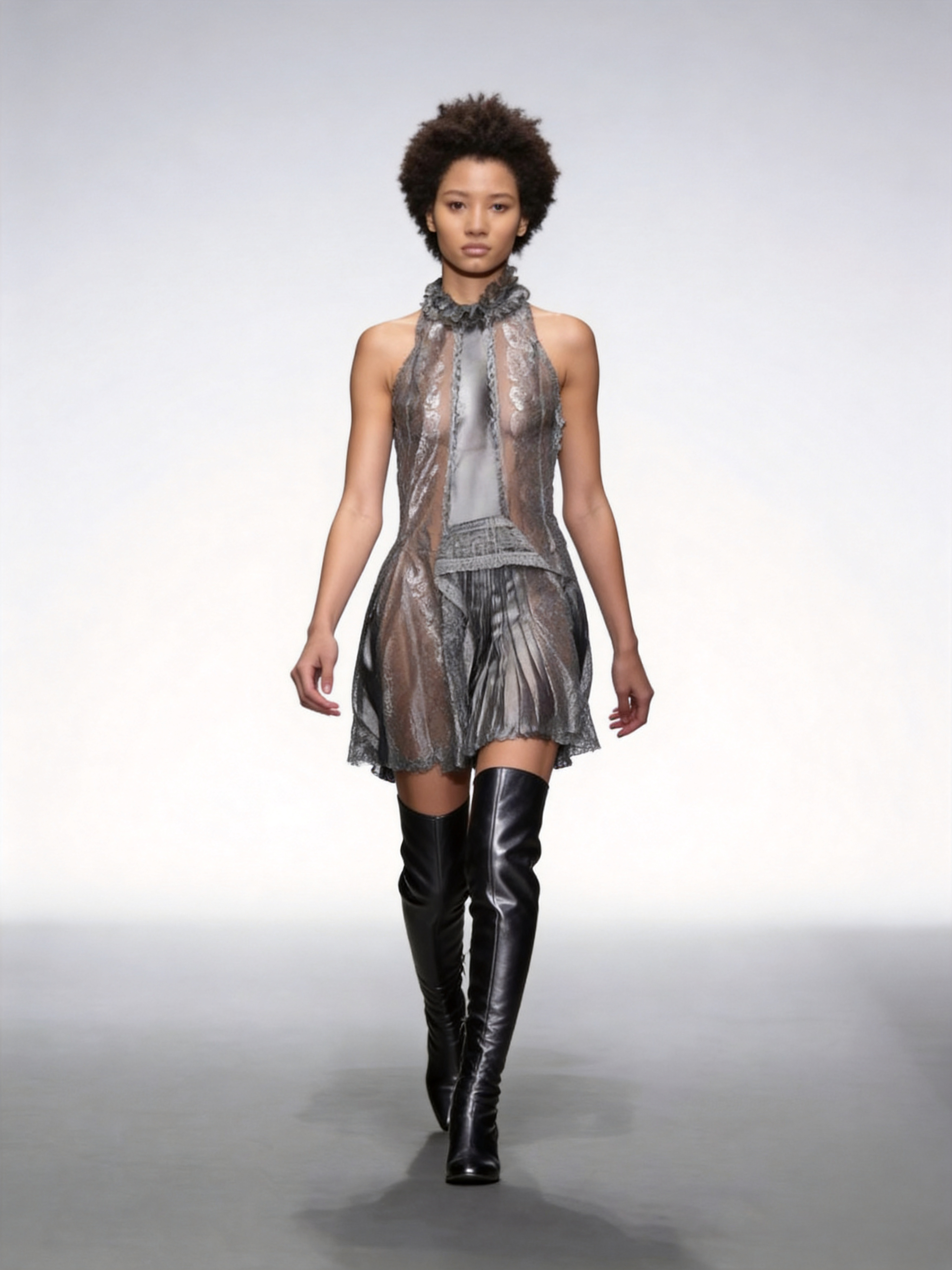 Celestia Pleated Sheer Lace High Neck Sleeveless Mini Dress In Silver Grey