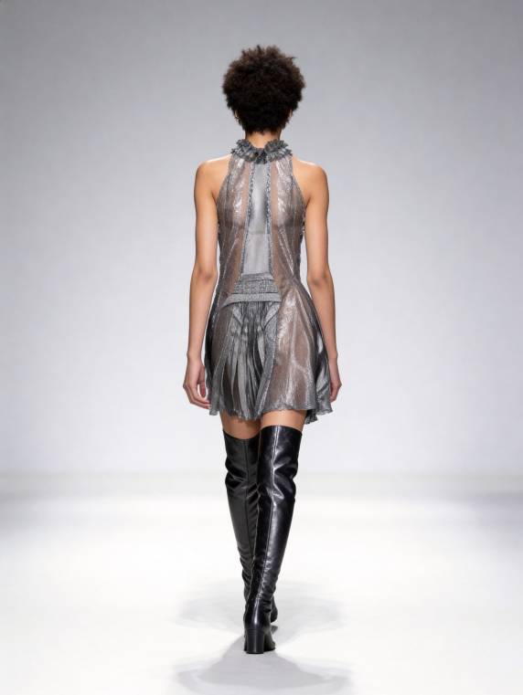Celestia Pleated Sheer Lace High Neck Sleeveless Mini Dress In Silver Grey