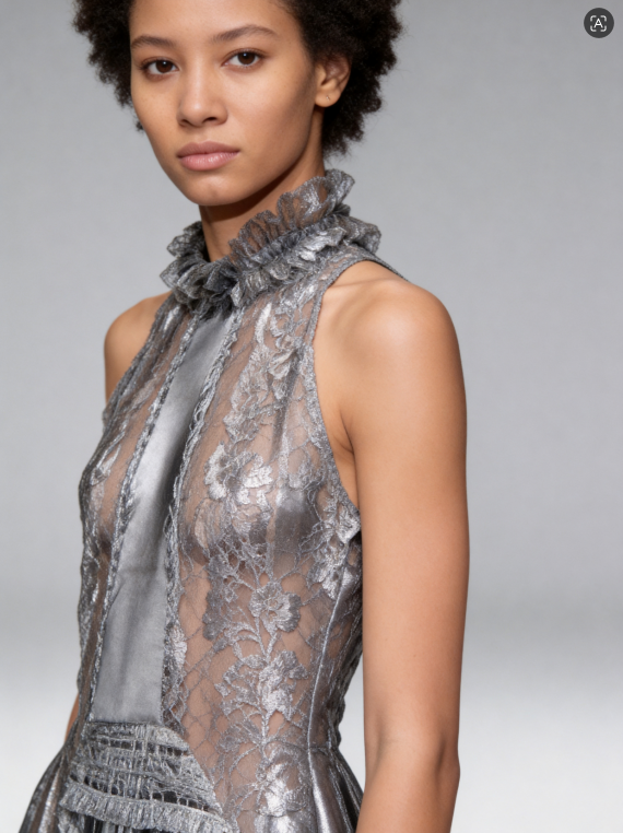 Celestia Pleated Sheer Lace High Neck Sleeveless Mini Dress In Silver Grey