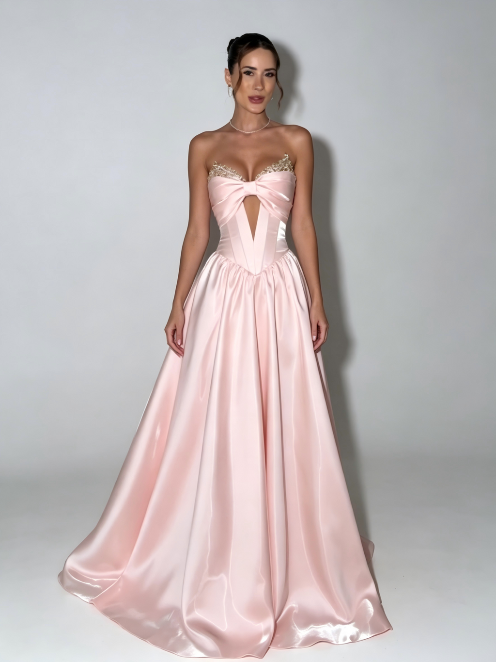 Serenity Strapless Satin Ball Gown With Center Bow In Light Pink