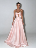 Serenity Strapless Satin Ball Gown With Center Bow In Light Pink