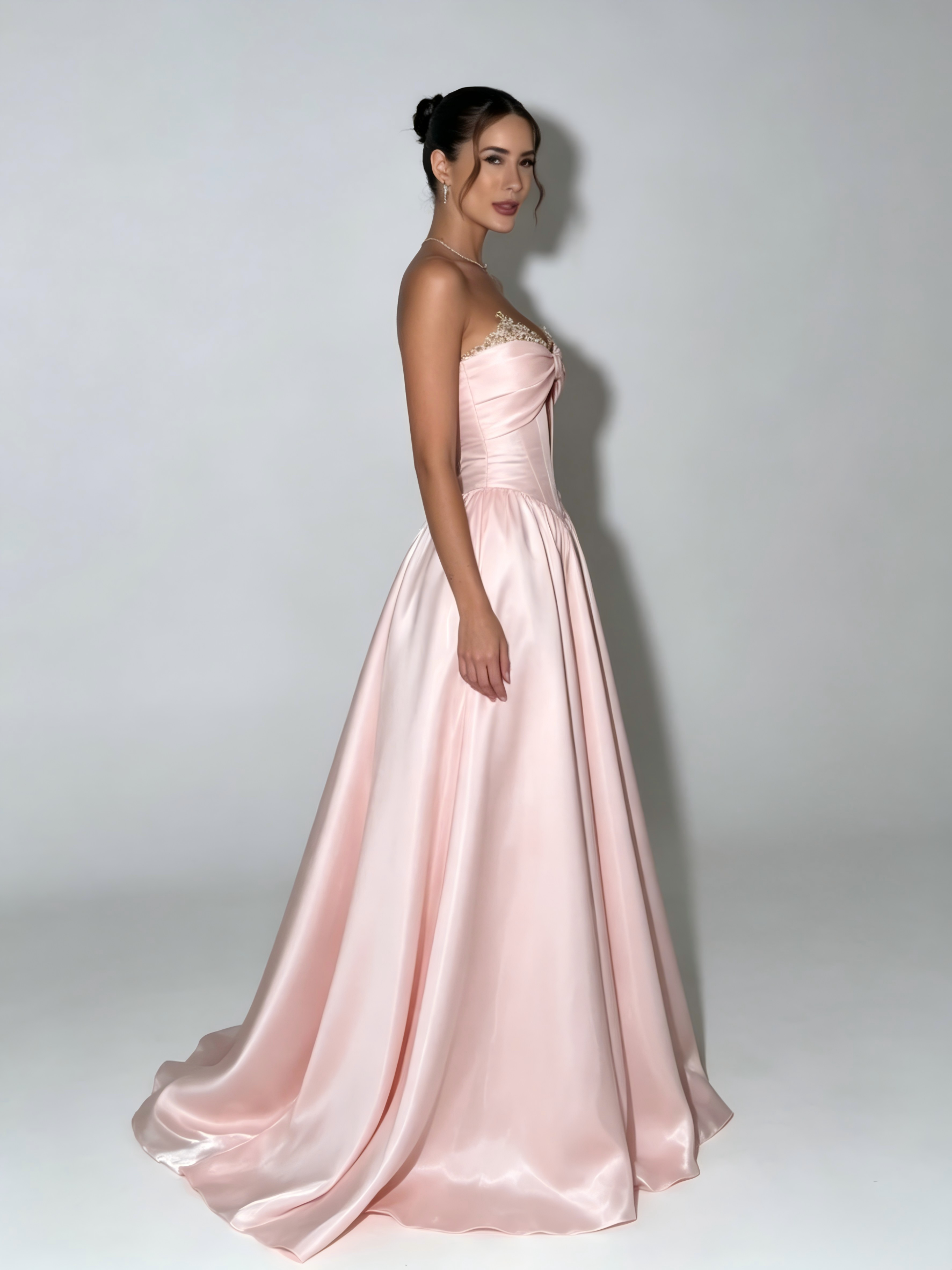 Serenity Strapless Satin Ball Gown With Center Bow In Light Pink