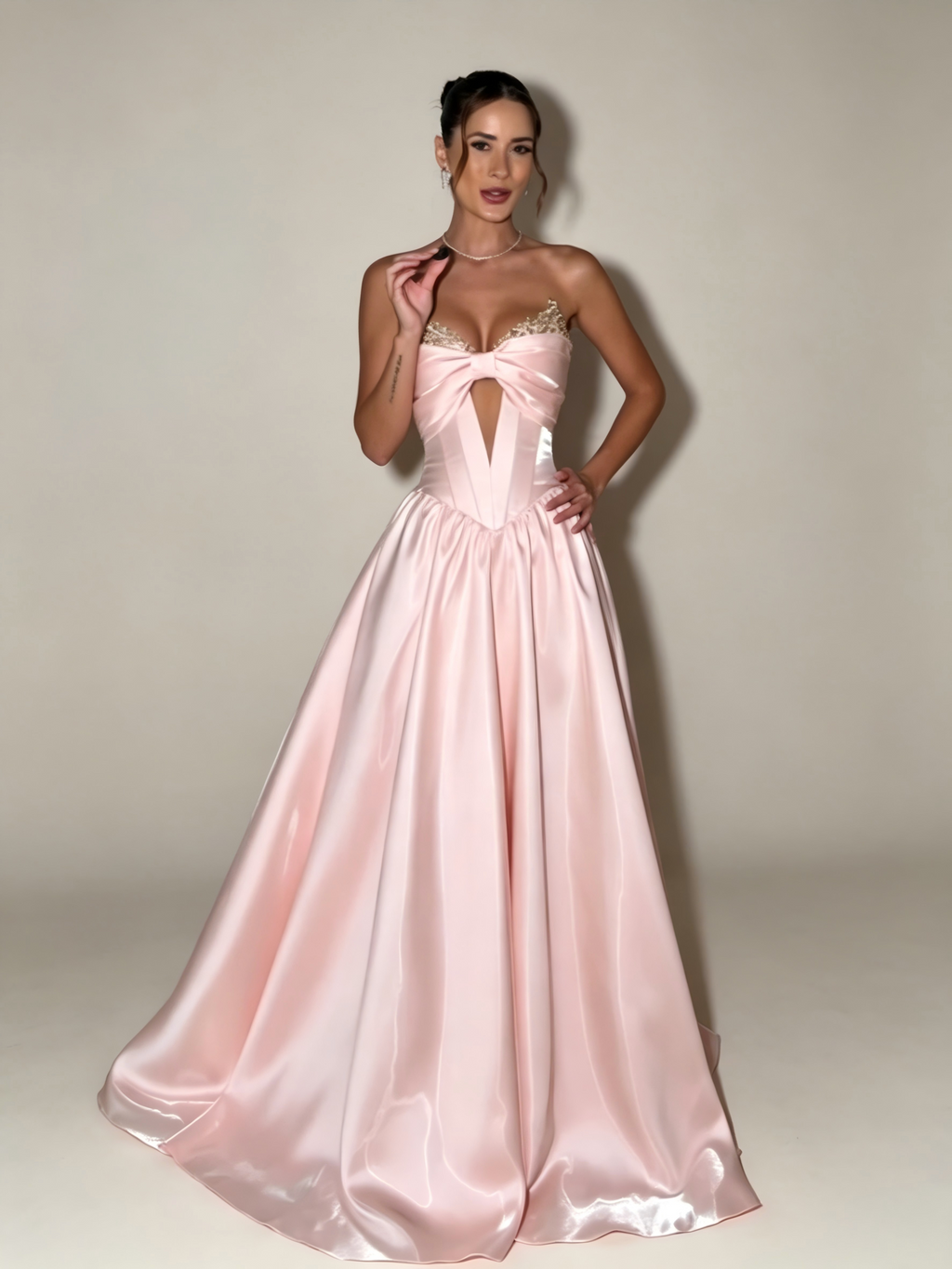 Serenity Strapless Satin Ball Gown With Center Bow In Light Pink
