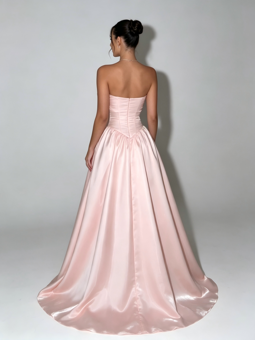Serenity Strapless Satin Ball Gown With Center Bow In Light Pink