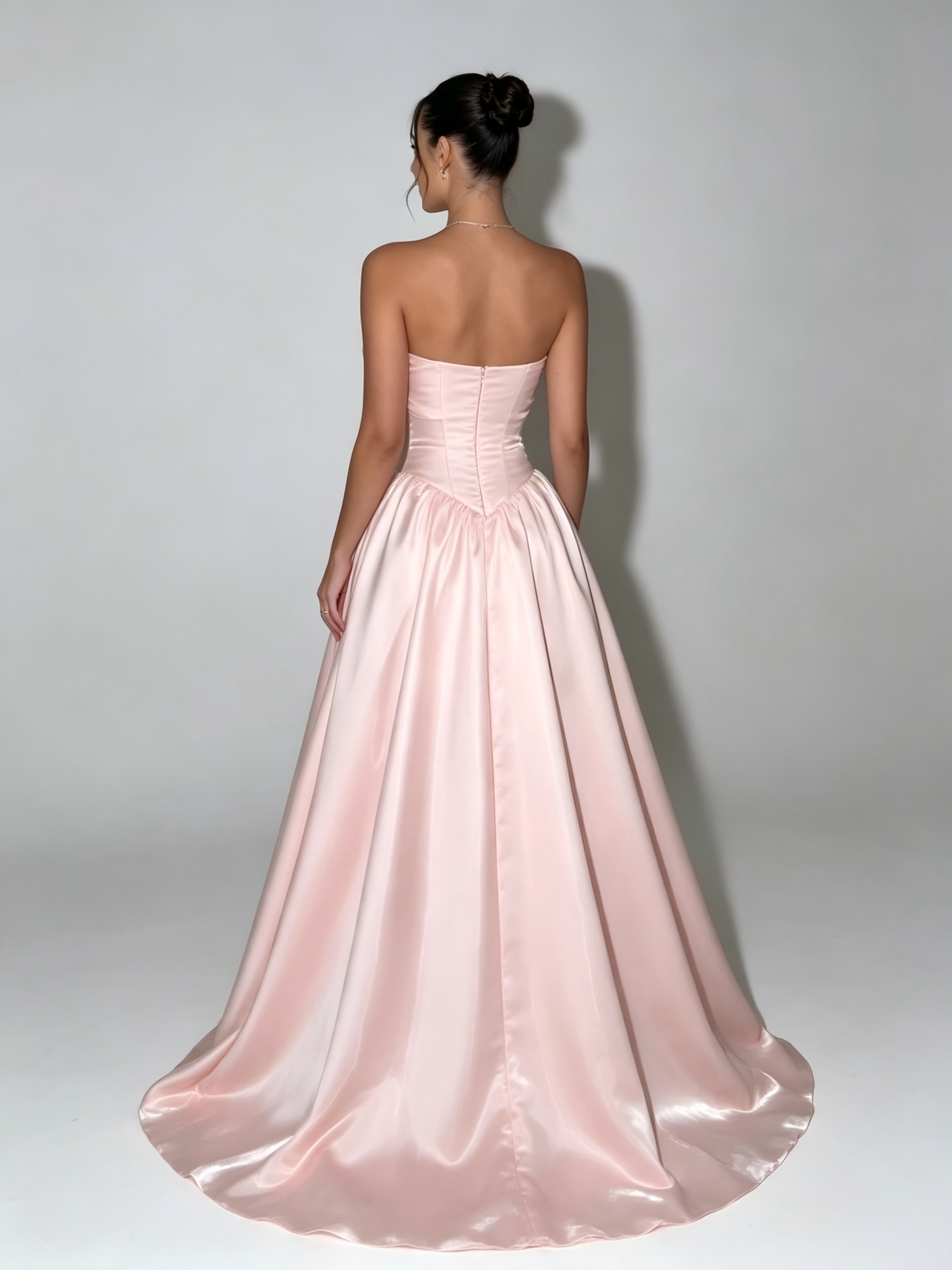 Serenity Strapless Satin Ball Gown With Center Bow In Light Pink