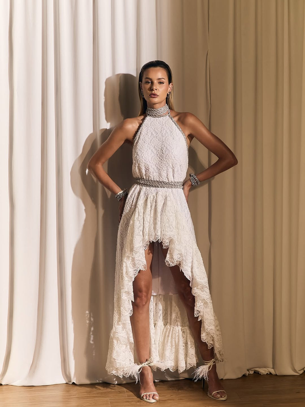 Seraphina White Lace Halter High-Low Dress