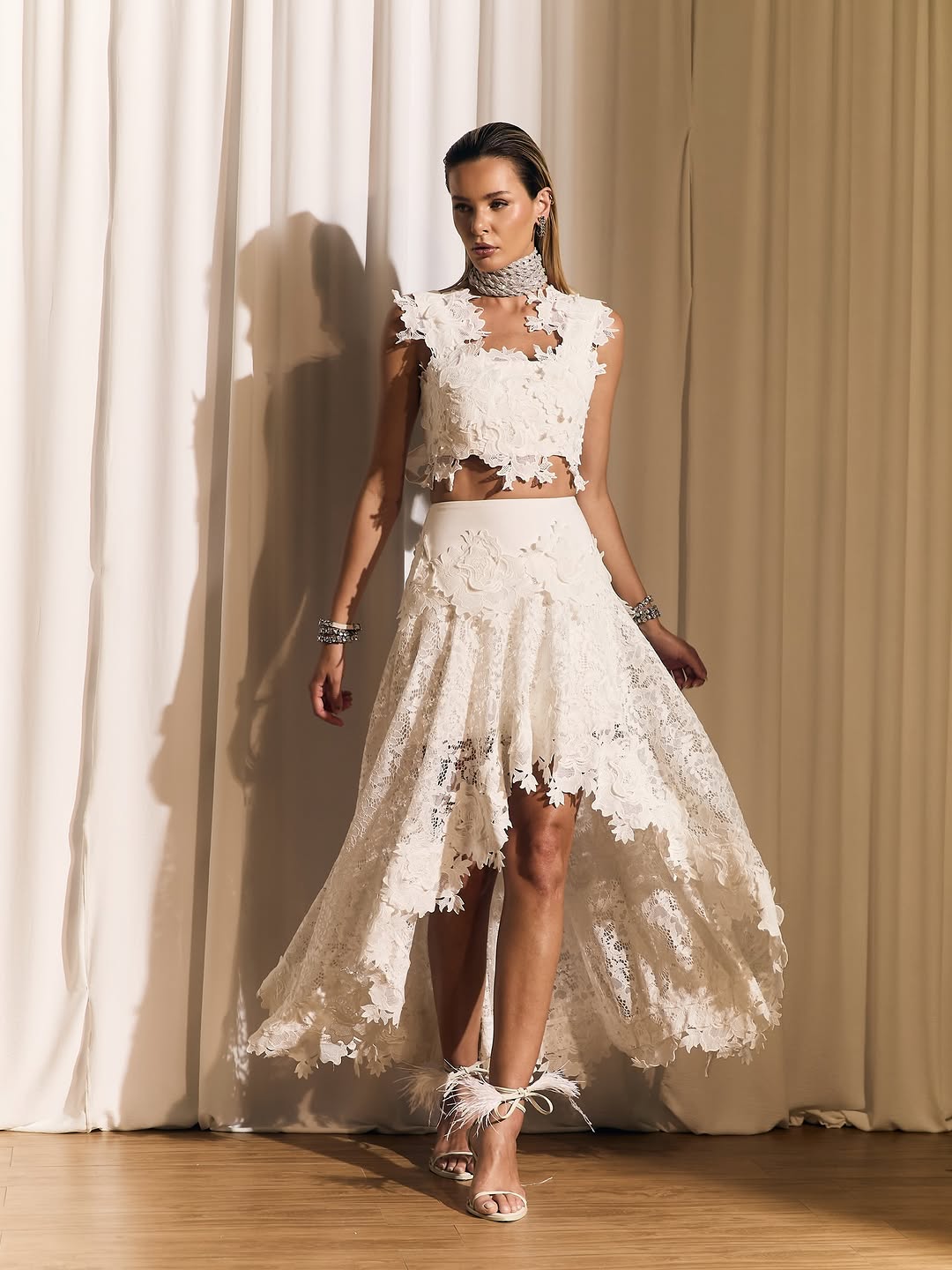 Arielle White Lace Two-Piece High-Low Dress