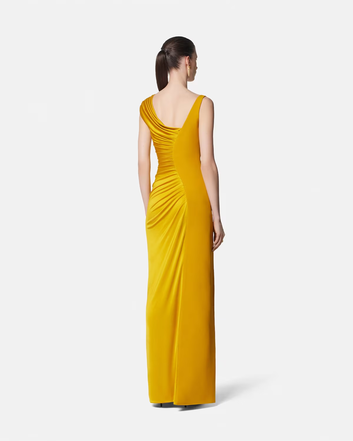 Clara Waist-Cinched Ruched Split Maxi Dress In Yellow