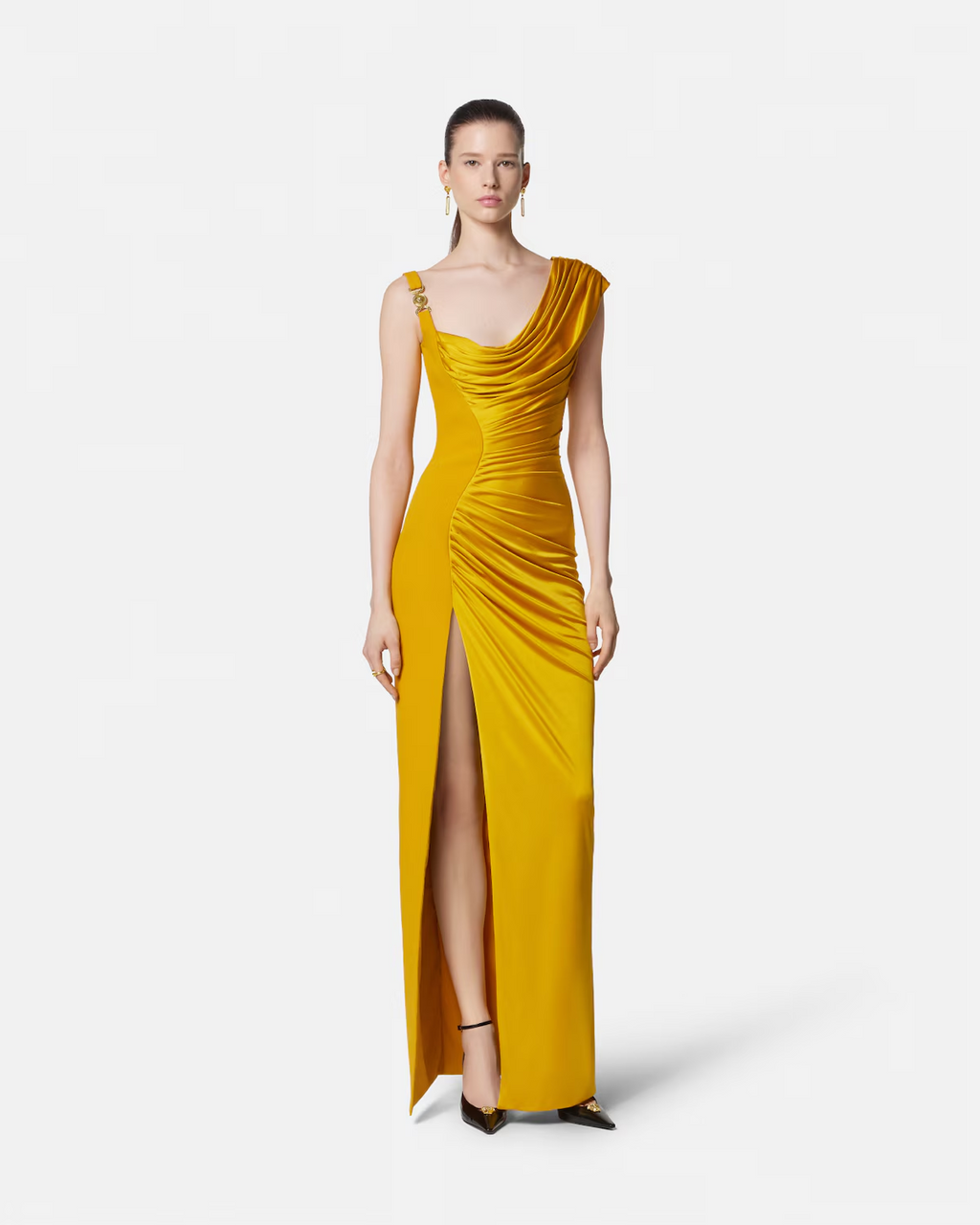 Clara Waist-Cinched Ruched Split Maxi Dress In Yellow