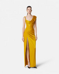 Clara Waist-Cinched Ruched Split Maxi Dress In Yellow