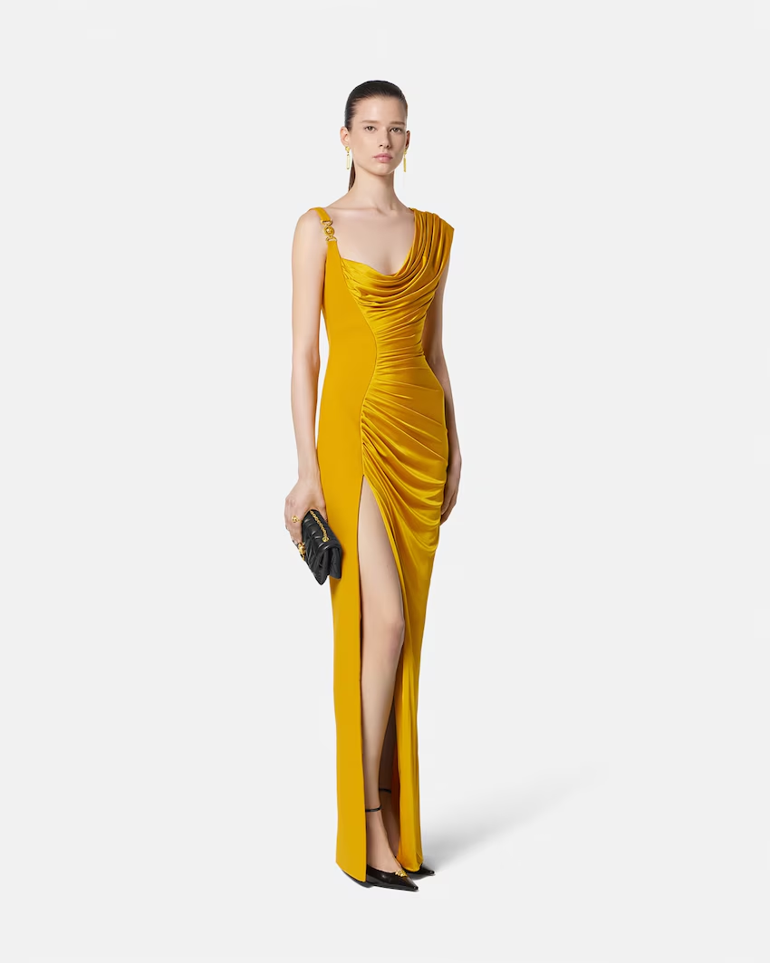 Clara Waist-Cinched Ruched Split Maxi Dress In Yellow