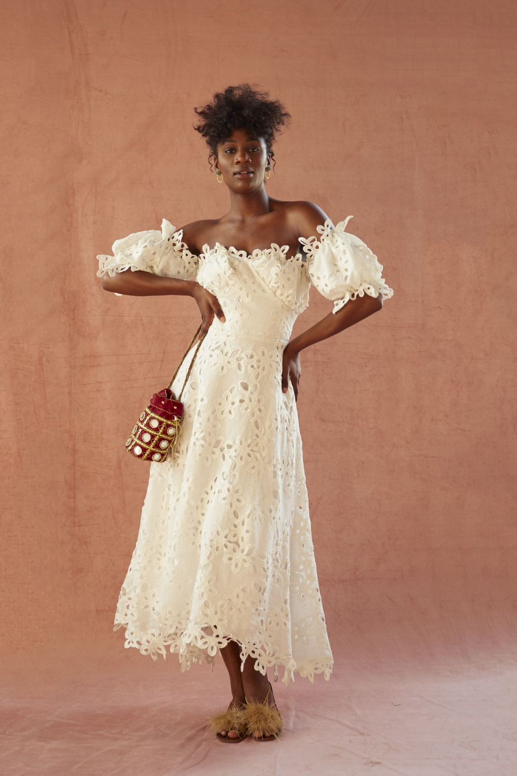 Bellamy Lace Hollow-Out Midi Dress In White