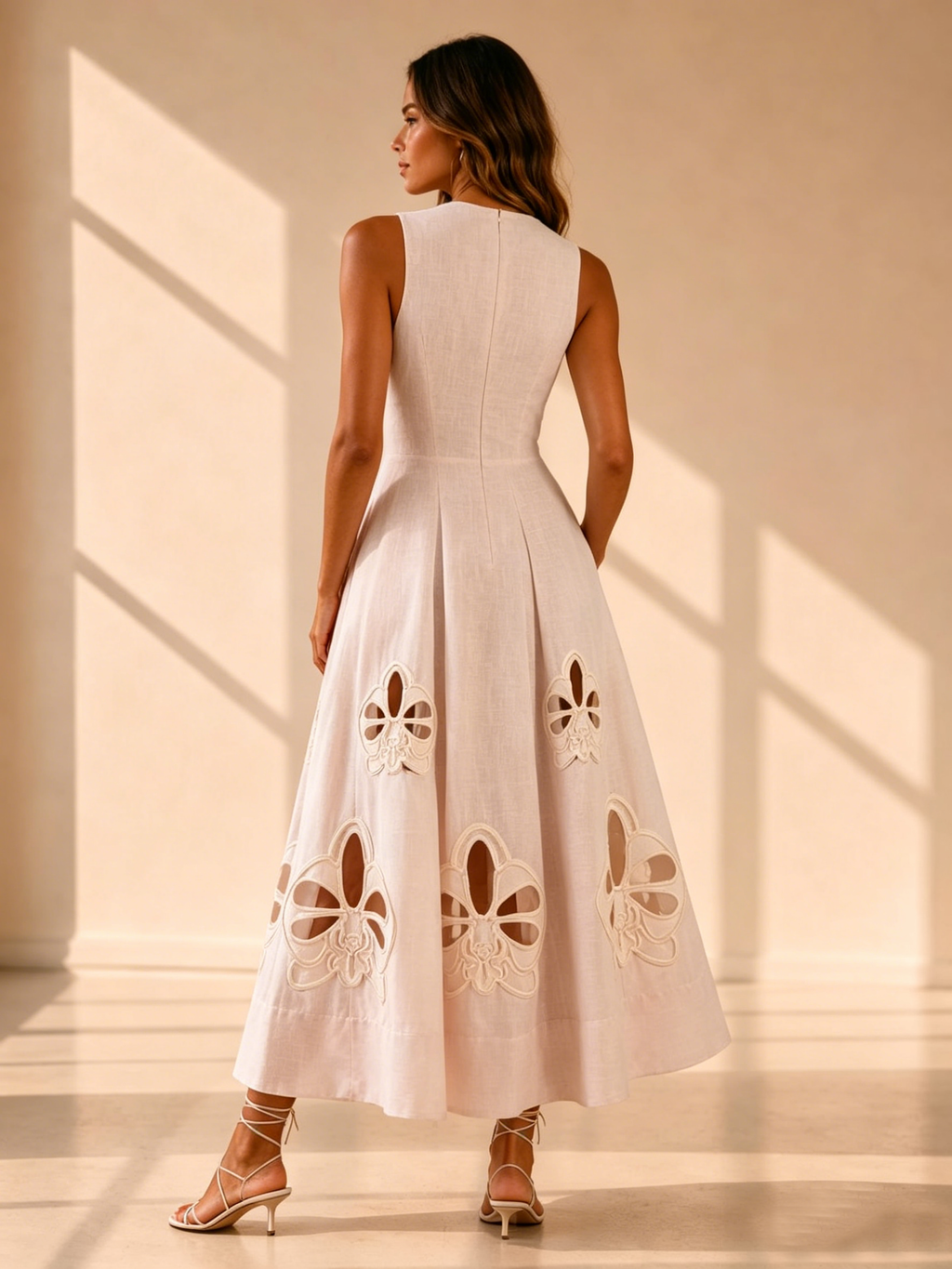 Elara Lace Hollow-Out Midi Dress In White