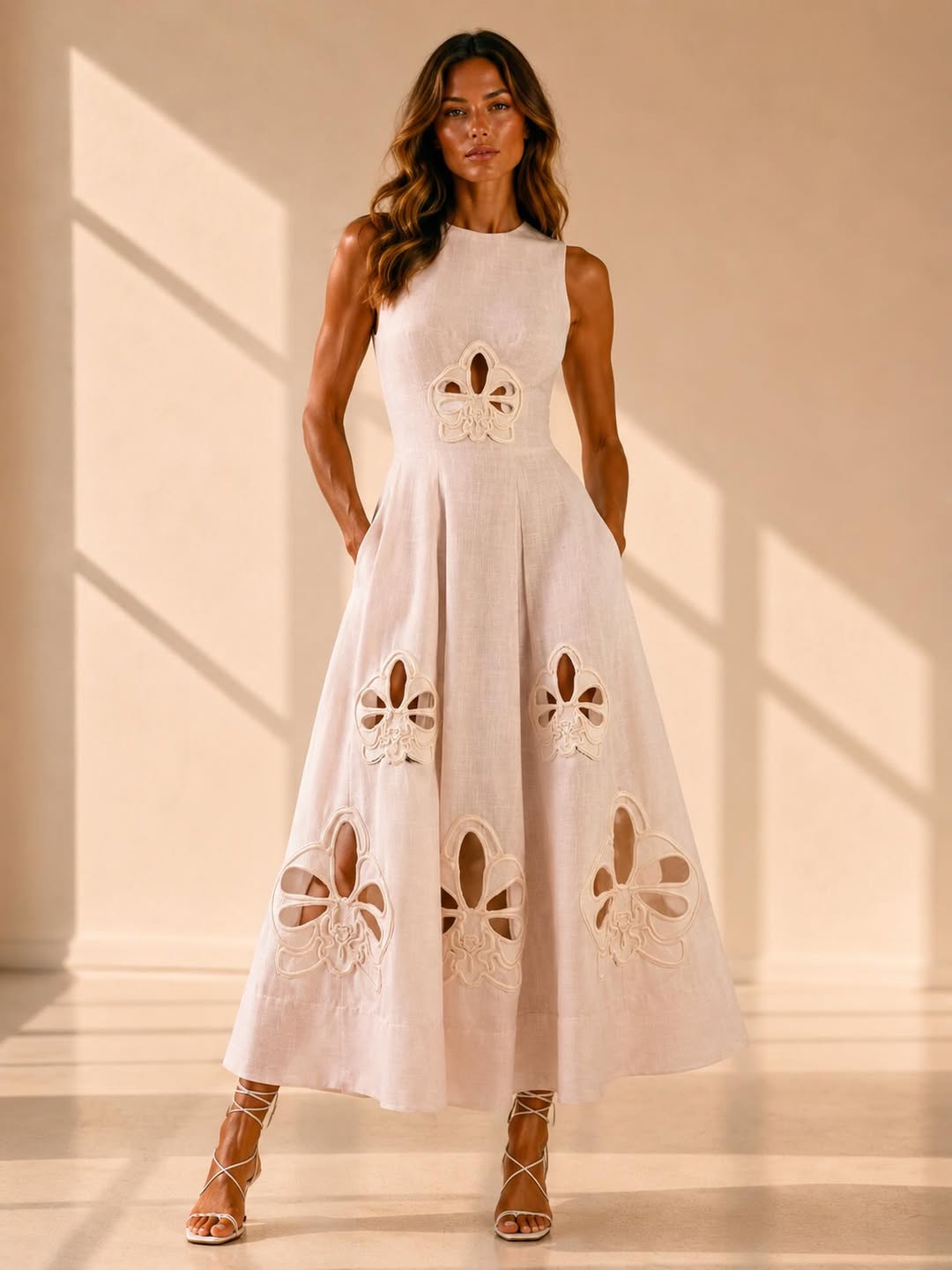 Elara Lace Hollow-Out Midi Dress In White