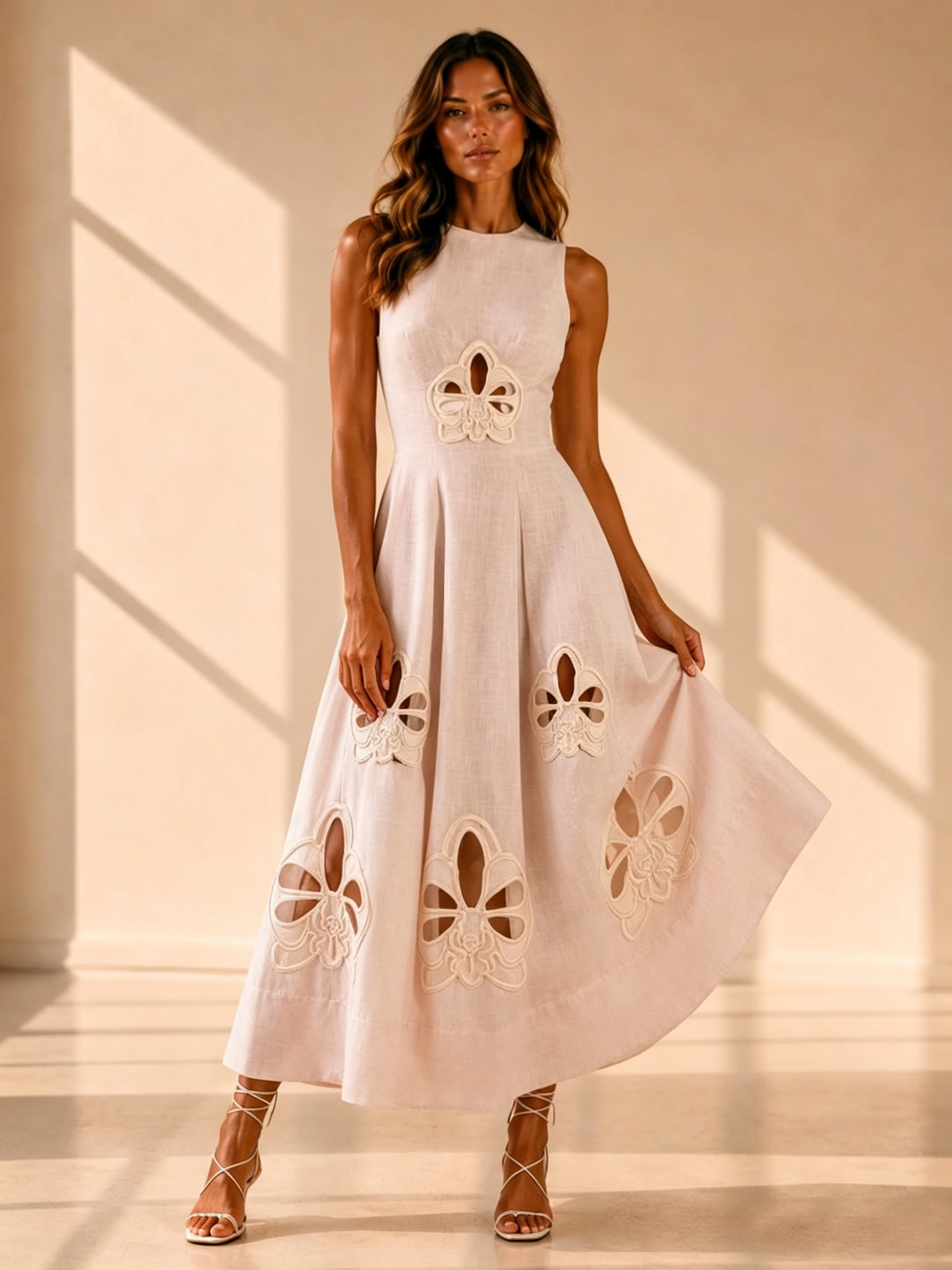 Elara Lace Hollow-Out Midi Dress In White