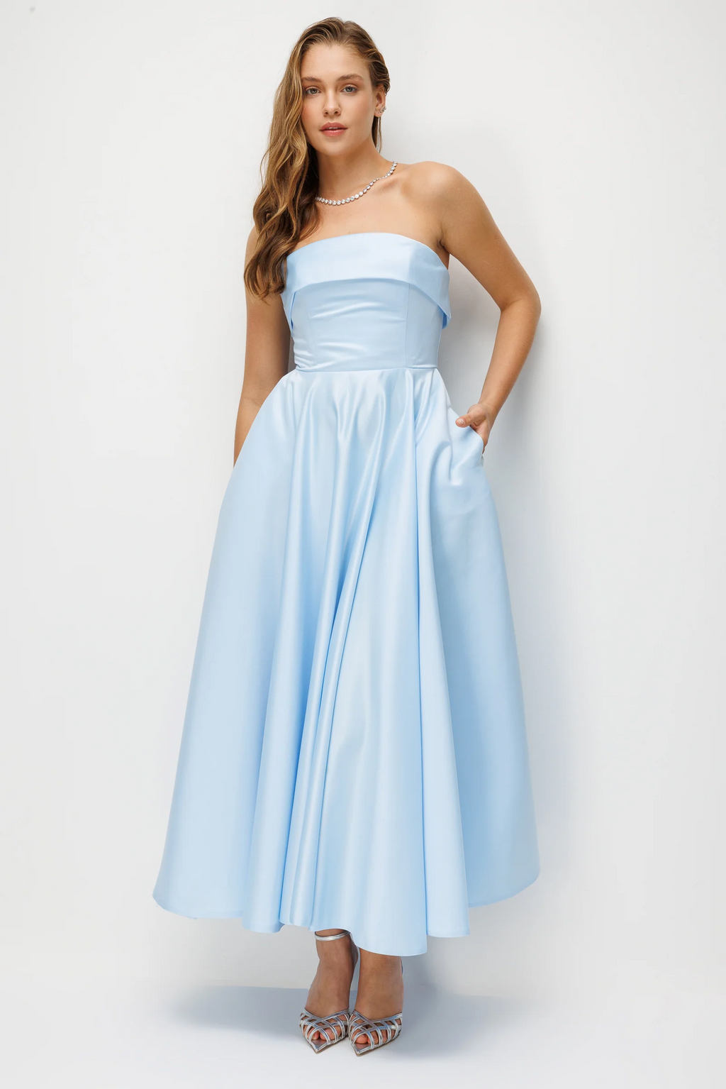 Brinley Strapless A-Line Midi Dress In Blue