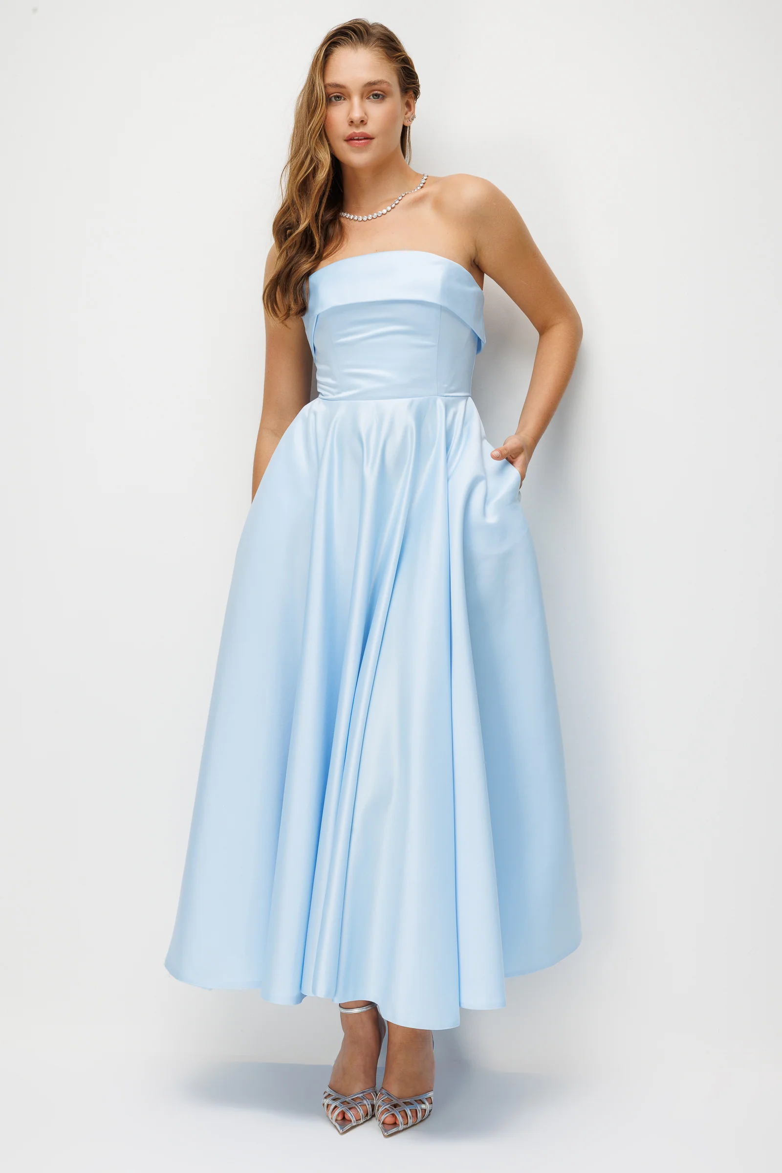 Brinley Strapless A-Line Midi Dress In Blue