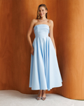 Brinley Strapless A-Line Midi Dress In Blue