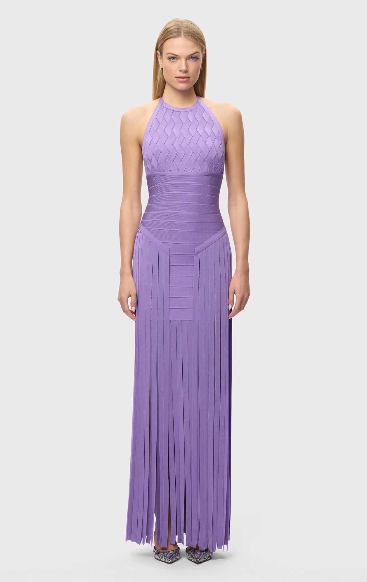 Aria Halter Neck Bodycon Fringe Evening Dress In Purple