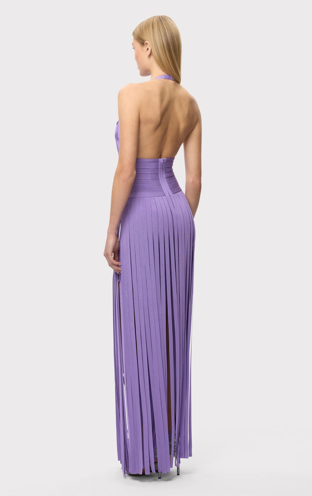Aria Halter Neck Bodycon Fringe Evening Dress In Purple