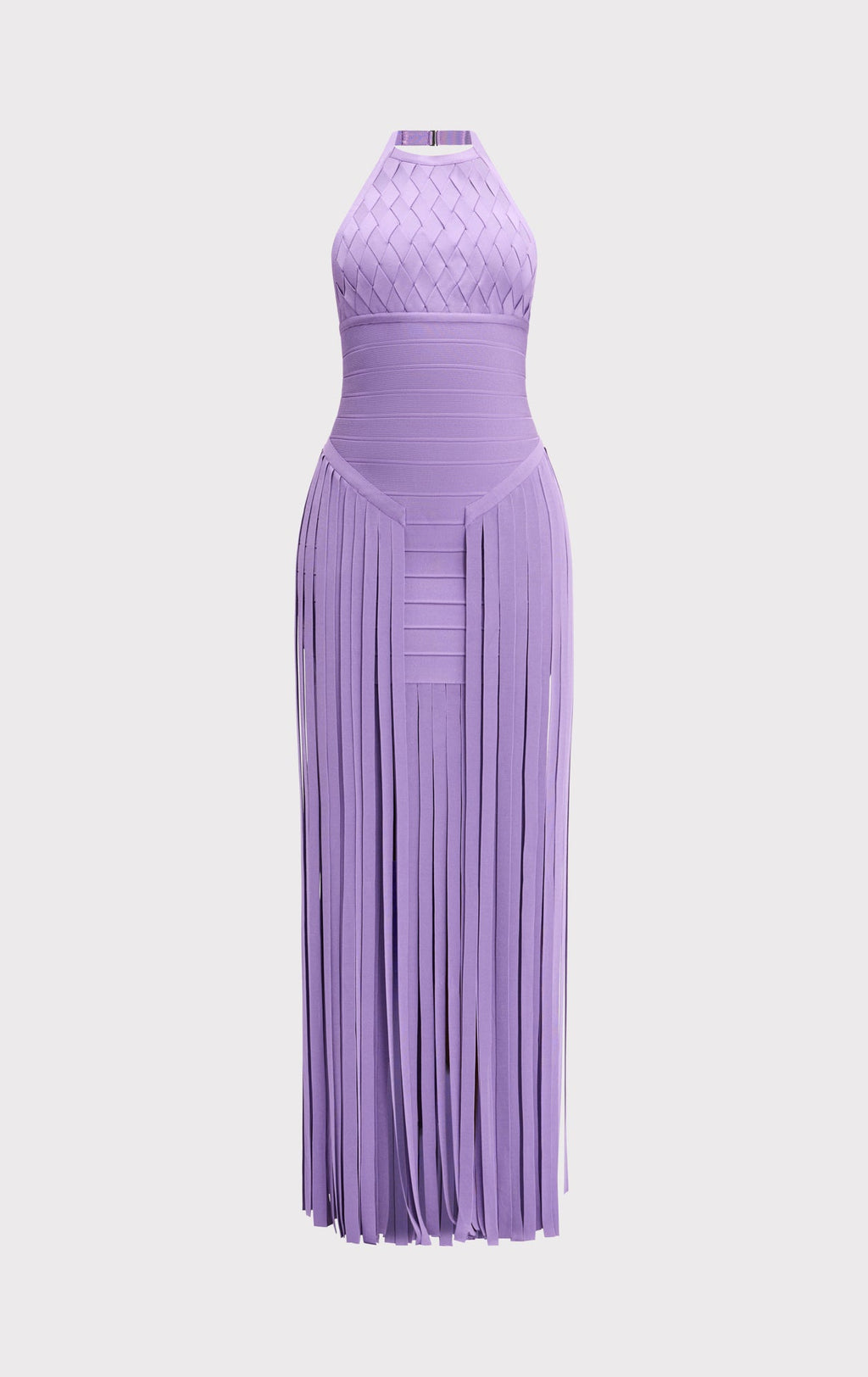 Aria Halter Neck Bodycon Fringe Evening Dress In Purple