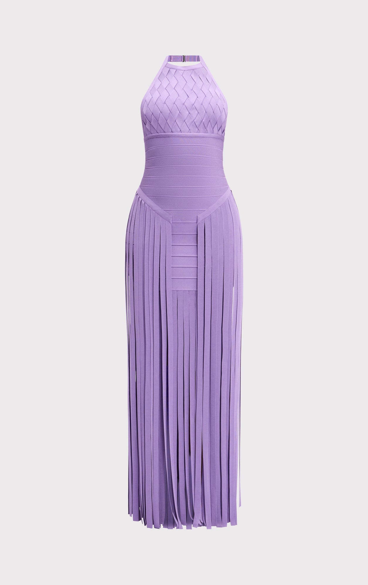 Aria Halter Neck Bodycon Fringe Evening Dress In Purple
