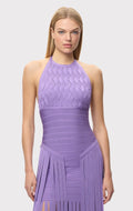 Aria Halter Neck Bodycon Fringe Evening Dress In Purple