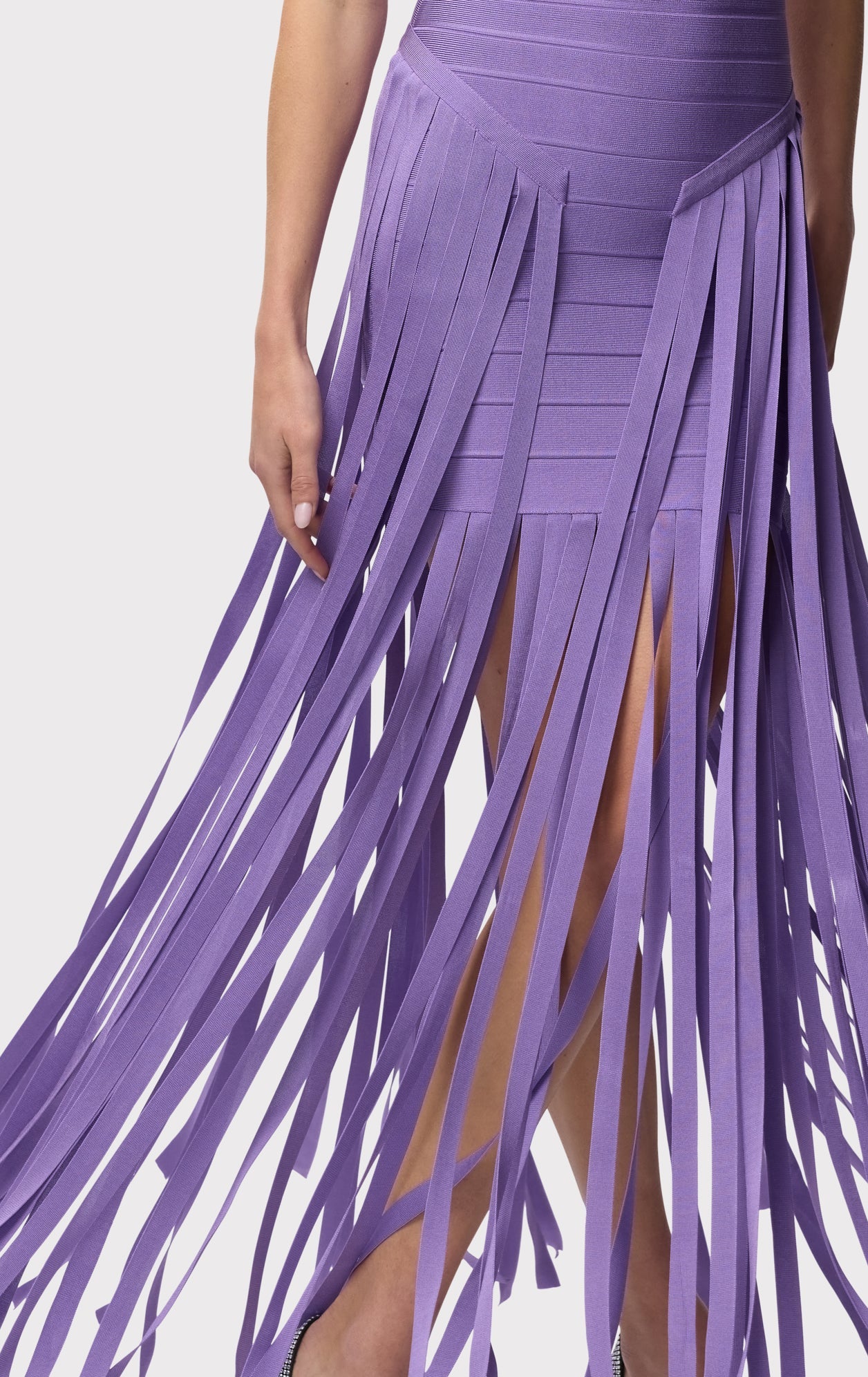 Aria Halter Neck Bodycon Fringe Evening Dress In Purple