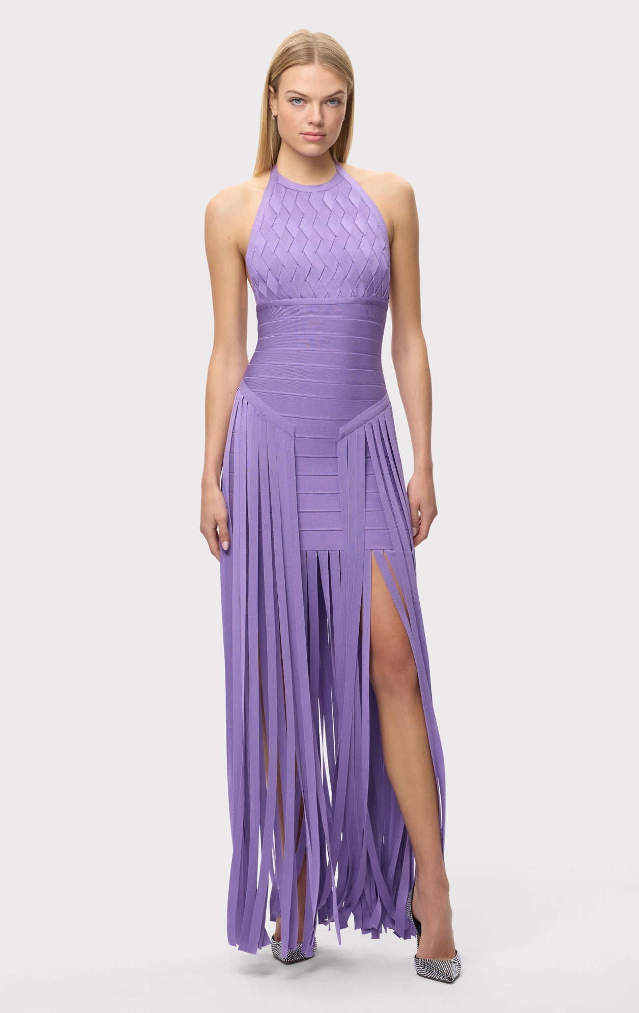 Aria Halter Neck Bodycon Fringe Evening Dress In Purple
