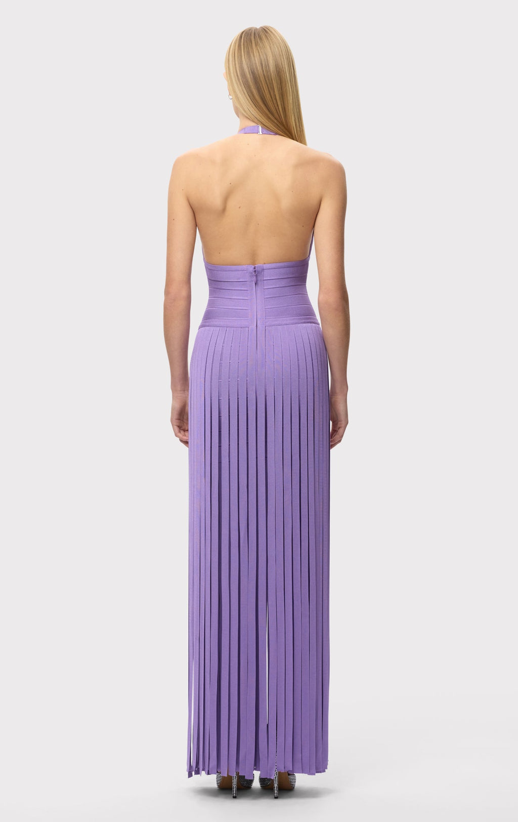 Aria Halter Neck Bodycon Fringe Evening Dress In Purple
