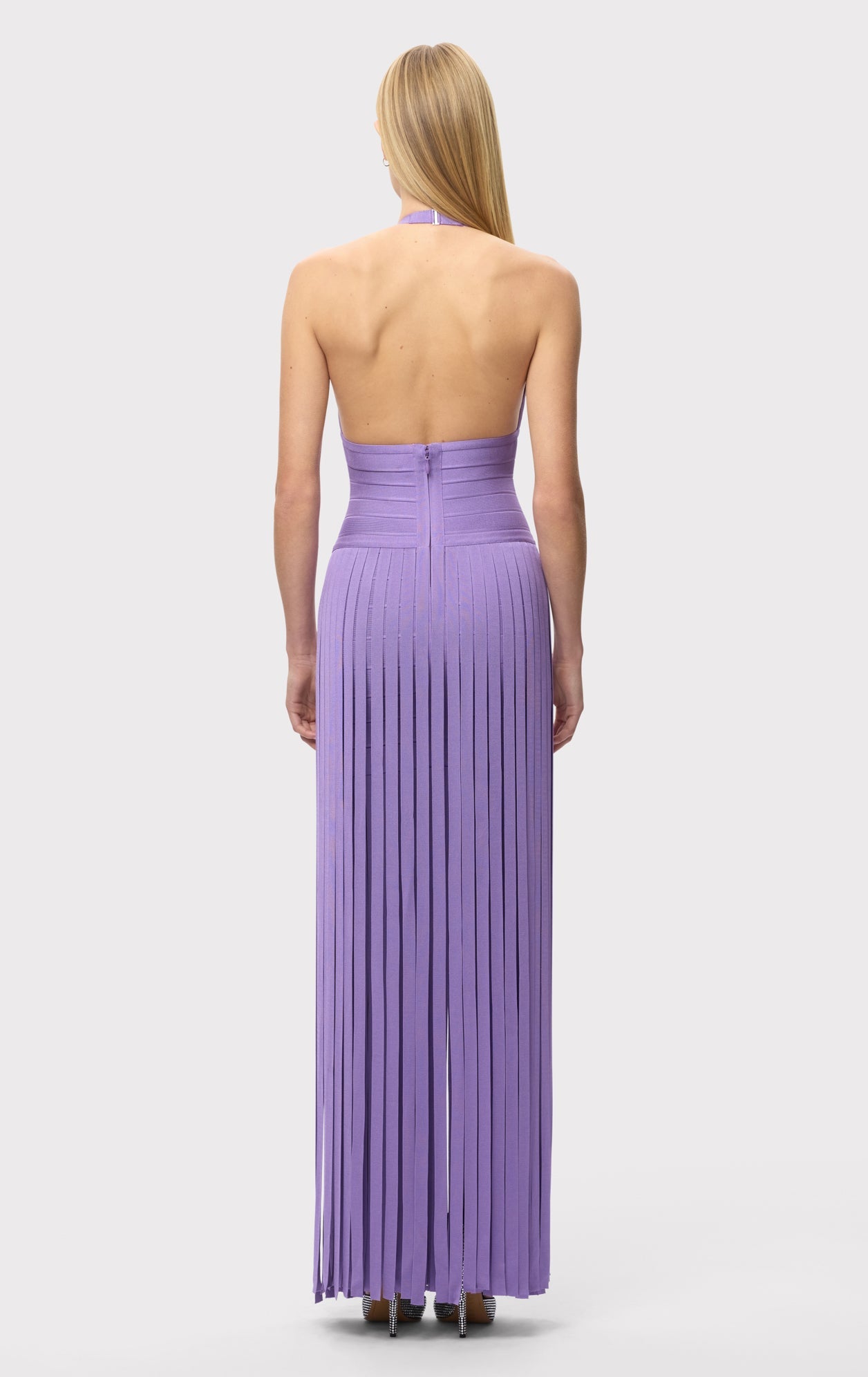 Aria Halter Neck Bodycon Fringe Evening Dress In Purple
