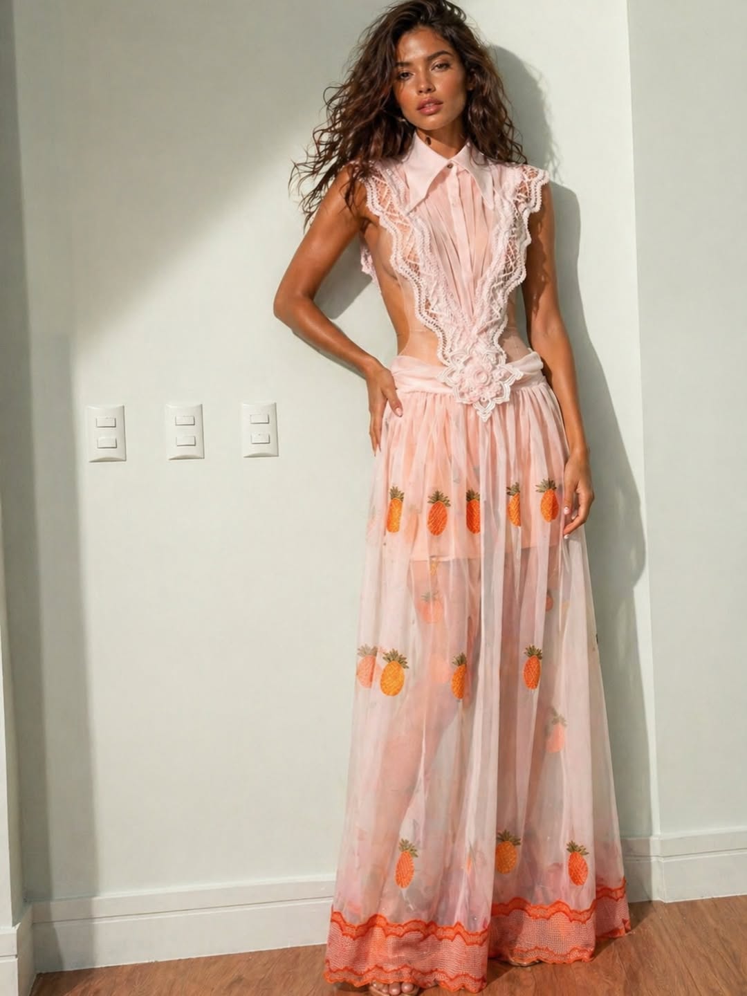Clara Light Pink Lace-Trimmed Pineapple Embroidered Maxi Dress